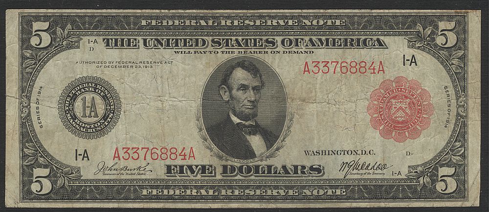 Fr.832b, 1914 $5 Boston FRN (Red Seal), F [12], A3376884A